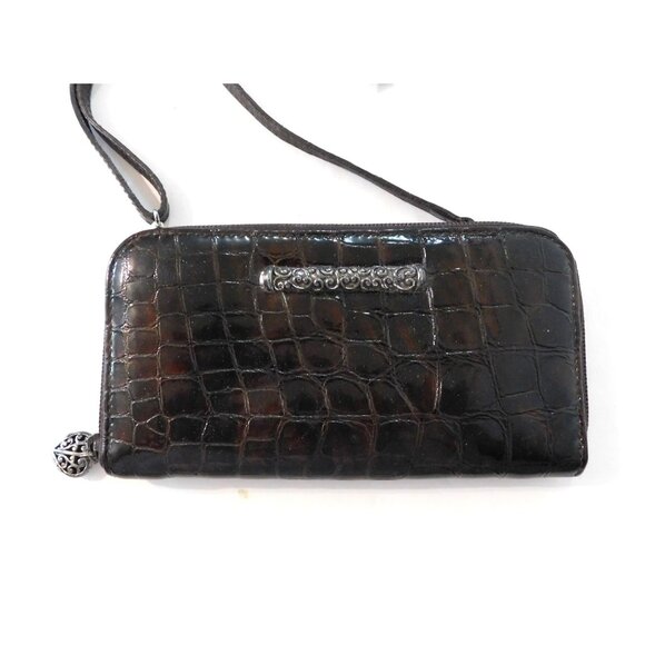 Brighton Cher Zip Wallet Brown Croc Emboss Patent Leather Adj. Removable Strap - Picture 2 of 11